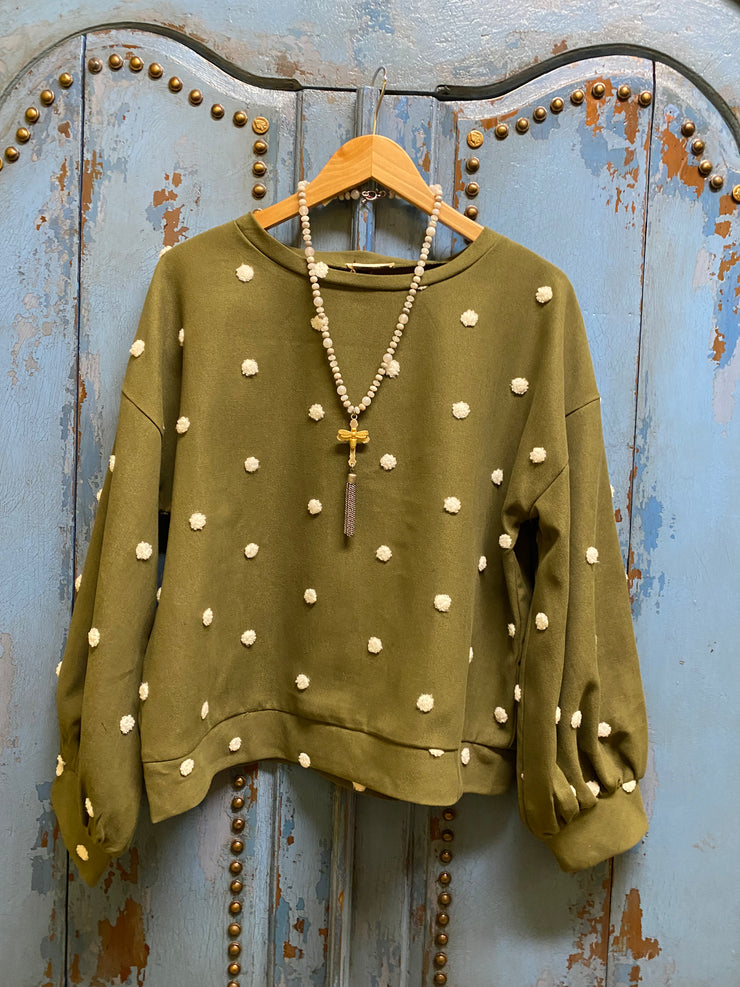 Olive Sweater with White Dots