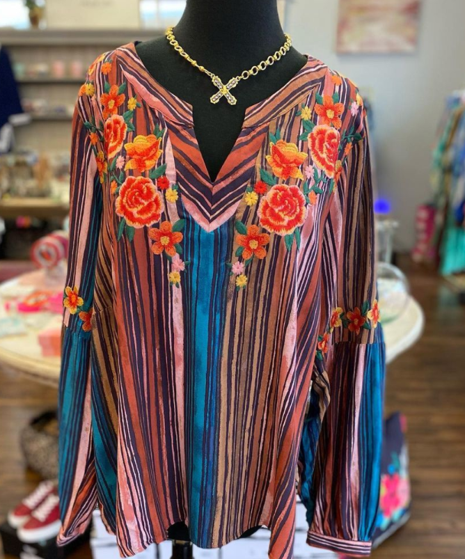 Rust and Teal Striped Long Sleeve Top w Embroidery